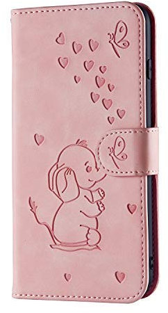Tiyoo Phone case for iphone XR Embossed Love Heart Elephant Butterfly Pattern Folding Stand PU Leather Wallet Flip Cover Protective Case with Card Slots, Magnetic Closure (Pink)