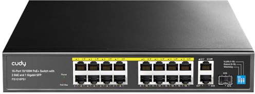 Cudy FS1018PS1 Switch PoE+ 16 porte con 2 collegamenti montanti Gigabit e porte SFP 200 W, 16 PoE+ a 200 W, modalità Extend/VLAN, 802.3af/at, Fanless, Watchdog, Plug and Play | 16 porte 802.3af/at FE, 2 porte GbE upstream, 1 porta in fibra, isolamento delle porte/modalità 250 m tramite DIP
