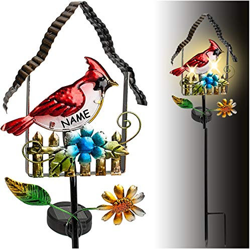 alles-meine.de GmbH Solar - LED Licht - Farbwechsel - Vogelhaus - mit Vogel & Blumen - 66 cm - inkl. Name - Leuchte - Solarblume - Garten Wetterfest für Innen Außen - handbemalte..