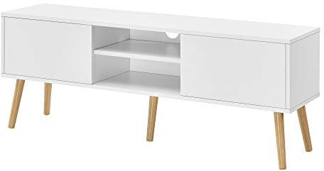Meuble TV Design Support Télé Banc avec 2 Portes et 2 Étagères Panneau de Particules Mélaminé Pieds en Bois avec Revêtement PVC 120 x 30 x 47 cm Blanc