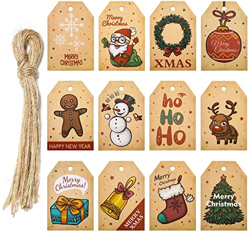 48 Stück Weihnachten Geschenkanhänger Papier Etiketten Retro Geschenke Anhänger mit 50 Stück Hanfseil für Weihnachtsbaum Präsentieren Dekoration