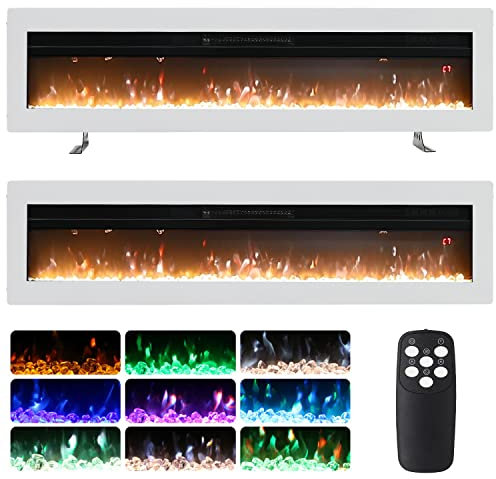 INMOZATA 152cm Electric Fire Recessed Wall Mounted Freestanding Electric Fireplace with Realistic LED Flame Effect, Adjustable Thermostat, Overheat Protection, 900W&1800W (152 cm/60 inch, White)