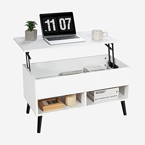 GOPLUS Mesa Baja elevable para Bar de Gas con Bandeja elevable, Mesa Baja con 1 Compartimento Oculto y 2 estantes Abiertos, Patas de Madera para salón, Dormitorio (Blanco)