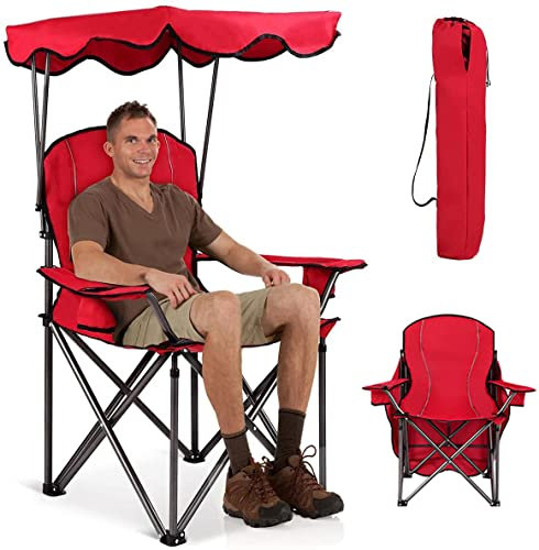 RELAX4LIFE Chaise de Camping Pliante avec Toit Parasol,Porte-Boisson, Chaise de Pêche en Cadre Métallique Charge Max 120 kg pour Camping Pêche Excursion Plage (Rouge)