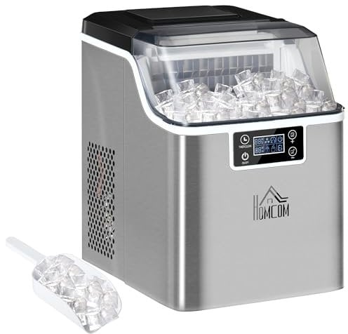 HOMCOM 24kg/Day Ice Maker Machine Countertop, Stainless Steel Portable Ice Cube Maker, 2 Ways to Add Water, 24 Pcs Ready in 14 Mins, Self-Cleaning with Scoop & Basket, 3.2L, for Home Office, Silver