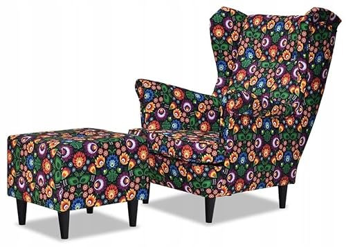Family Meble Ohrensessel mit Hocker, Modell Print, Skandinavisch, Relaxsessel aus Webstoff, Loungesessel, Ohrensessel mit Hocker, Bequemer Sessel, Für Wohnzimmer, Esszimmer, Schlafzimmer, Dachte 2