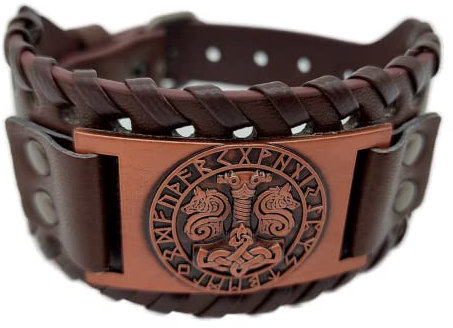 AB Viking Crafts Vikings Wikinger Armband Thors Hammer Mjölnir mit Odins Wölfen im Runenkreis Leder Metall braun kupfer
