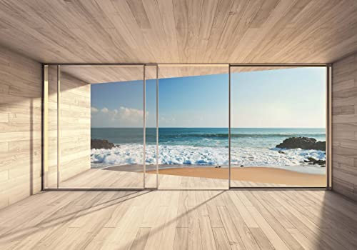 wandmotiv24 Fototapete Raum Tür Strand Fenster, XS 150 x 105cm - 3 Teile, Wanddeko, Wandbild, Wandtapete, Holz Meer Wasser Himmel M6806