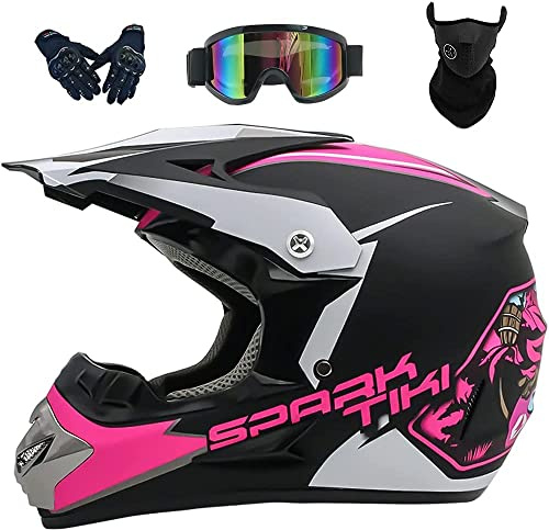 LVSENET Casque Moto Cross Set, Avec Lunettes Gants Masque, Homme Femme DOT Homologué Casque Intégral Moto Enduro Dirt Bike ATV BMX Quad Scooter Casque Pour Adulte Enfant (C,S)