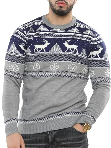 NOROZE Men's Merry Christmas Mock Zip Nordic Style Reindeer Moose Stag Funnel Crew Neck Festive Christmas Xmas Jumper (M, Navy)