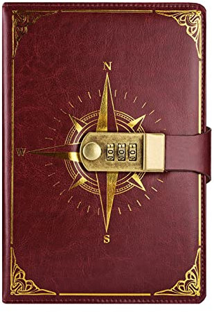 NectaRoy Carnet de Voyage, Carnet de Note avec serrure, Journal intime avec Code(Modèle de Boussole), Carnet Secret fille pour Bureau Scolaires Étudiant Papeterie Cadeau D'anniversaire, 22x15cm