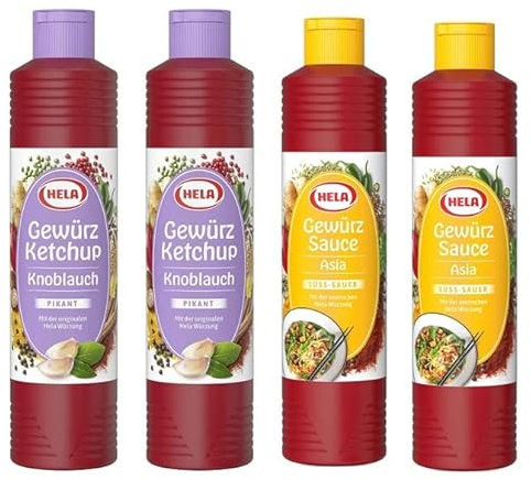 Hela Sparset 2x Asia Gewürz Sauce 800 ml & 2x Knoblauch Gewürz Ketchup 800ml