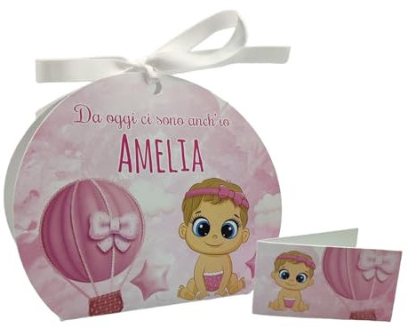 PV Grafik® 24+24 Scatoline Portaconfetti Nascita Bimba – Bomboniere Personalizzate con Bambina e Mongolfiera Rosa – Bigliettini e Nastrino Inclusi – Scatole Confetti Baby Shower (Tunna30)