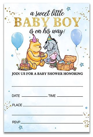 Dolimifa Winnie the Pooh Einladungskarten für Babypartys, zum Ausfüllen von Aquarellfarben, Blau, Winnie Puuh, Winnie Babyparty, Einladungen für Geschlechtsoffenbarung, 20 Stück mit Umschlägen