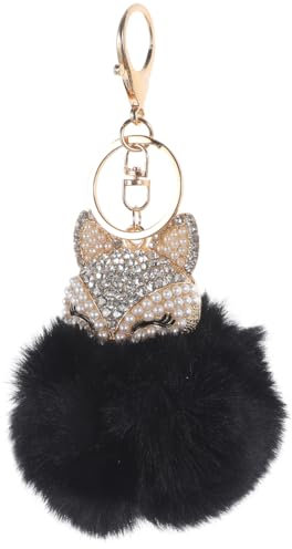 Veemoon Porte-clés Pompon Duveteux Avec Incrustation De Strass Pour Main Téléphone Pendentif Voiture Accessoire Élégant Pour Femmes Noir
