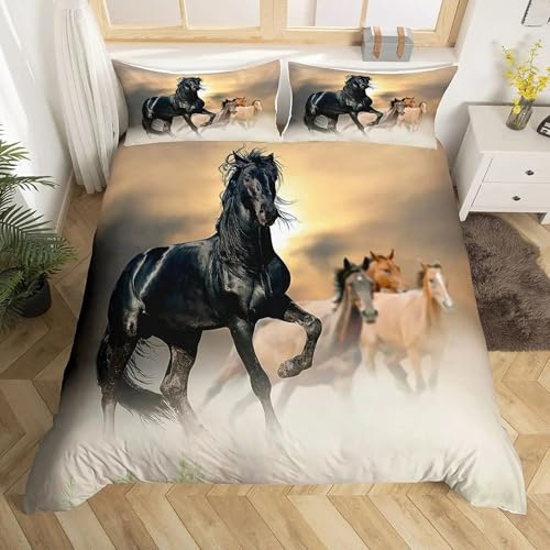 Juego de ropa de cama infantil, diseño de caballos corriendo, estampado 3D, diseño de animales y caballos, funda nórdica para niños, niños, adolescentes con cremallera y funda de almohada (negro2, 200