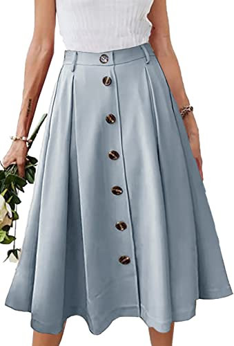 JayscreateEU Damen Midirock Lang Hohe Taille Knielang A-Linie Mit Taschen Sommer Mit Falten Maxirock Herbst Mit Fransen, Blau, XL