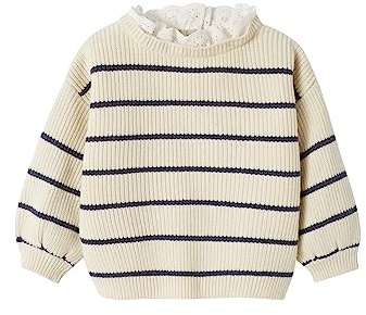 Vertbaudet Baby Pullover mit Volantkragen Geschwister-Capsule wollweiß/Marine gestreift 86