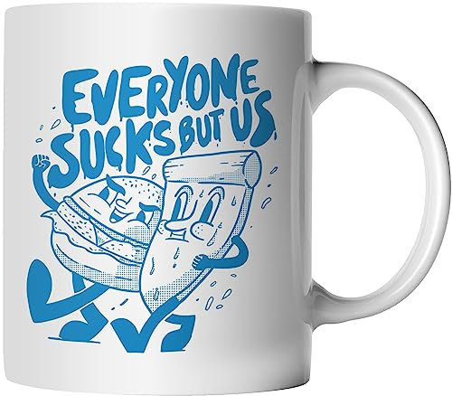 DragonHive Tasse Everyone but us Freundschaftstasse für Freund oder Freundin - beidseitig Bedruckt - lustige Geschenk-Idee Kaffeetasse mit Spruch Keramik 330ml Farbe: Weiß