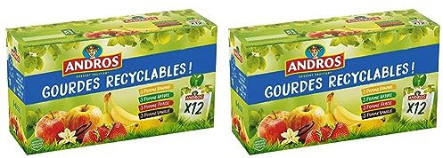 ANDROS - Compote de Fruit - Gourde Recyclable - Allégé - Goût Pomme + Pomme/Vanille + Pomme/Fraise + Pomme/Banane - Idéal pour le Goûter des Enfants - Lot de 24