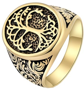 PAURO Herren Edelstahl Retro Keltischer Lebensbaum Ring Punk Stil Gold Größe 70 (22.3)