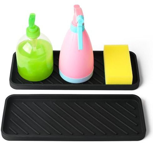 SOSMAR Silikon Abtropfmatte Abtropfgestell Abtropfschale 30,5 x 12cm, Küche Badezimmer Spülbecken Organizer für Schwämme, Spülmittel, Seifen und Shampoo etc. (2 Groß x Schwarz)