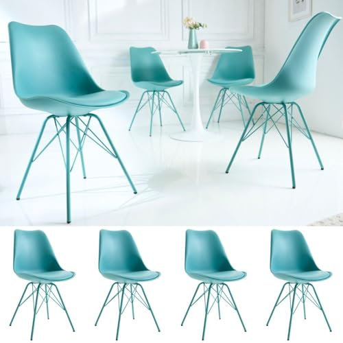 LEBENSwohnART 4er Set Design-Klassiker Stuhl Norway türkis Retro Metallgestell