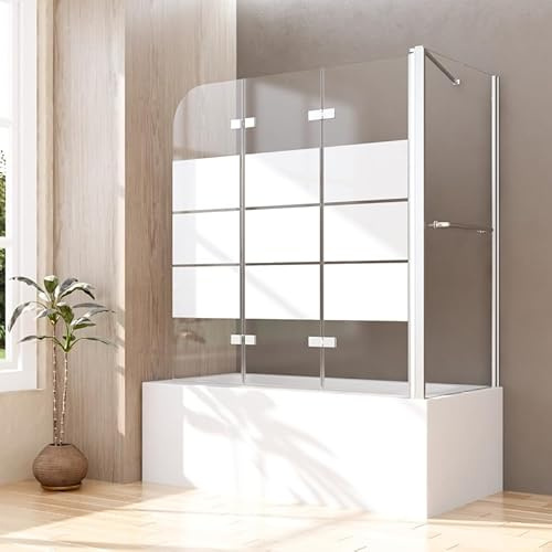 Duschwand für Badewanne mit Seitenwand 75x120x140cm 3-teilig Faltbar Gestreift Glas Duschtrennwand, Duschabtrennung Badewannenaufsatz aus 6mm ESG Sicherheitsglas, Seitenwand mit Handtuchhalter