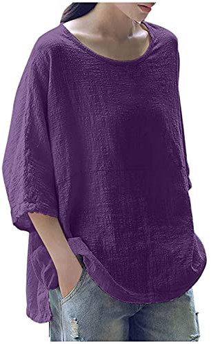 Summer Tops for Women UK Sale 3/4 Sleeve Cotton Linen Solid Crew Neck Ladies Tops Casual Loose Three Quarter Sleeve Tunic T Shirt Plus Size Elegant Blouse Shirts UK 8-18 Purple