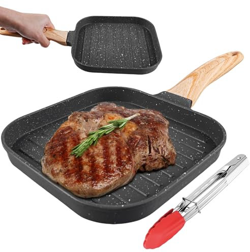 SPORWAY Bistecchiera 18 × 18 cm, padella per bistecca a induzione in alluminio pressofuso, rettangle con manico rimovibile, padella antiaderente per tutti i piani cottura, forno e lavastoviglie