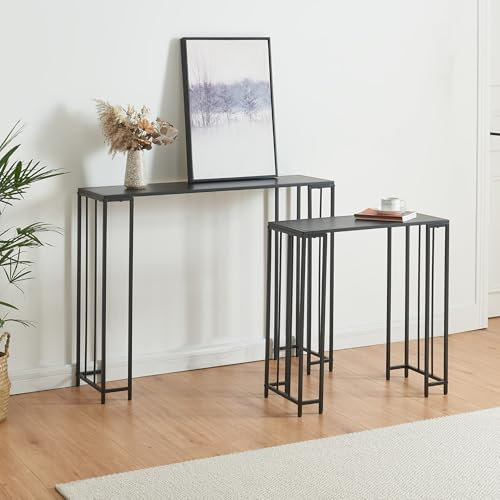 [en.casa] Set de 2 Tables Consoles Gigognes Ensemble de 2 Tables d'Appoint de Tailles Différentes pour Entrée Couloir Salon Design Industriel Intemporel Métal Panneau de Particules Noir