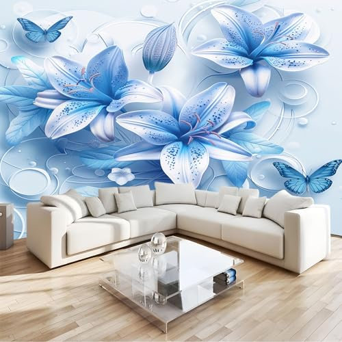 Fototapete 3D Vliestapete mit Lilienblauer Schmetterling Blau 350x256cm XXL Panorama Wandbild für Mädchen & Jungs Schlafzimmer | Wanddekoration mit 3D Effekt
