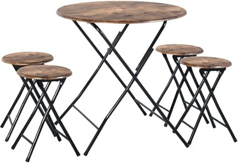 Liink1Ga Bistrotisch mit 4 Klappbank Gartentisch mit Klapphocker Balkonmöbel Gartenmöbel Set Balkonset 5 Teilig Garten Essgruppe, Faltbar Rund Esstisch mit 4 Klapphocker 75X75X75CM, Braun&Schwarz