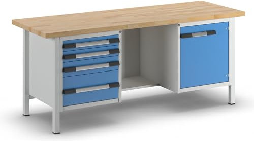 eurokraft | Werkbank | Gestellbauweise Serie 8000 | 4 Schubladen: 2 x 90 | 1 x 120 | 1 x 240 mm | 1 Tür 540 mm | Mitte offen | BxT 2000 x 700 mm