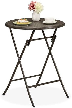 Relaxdays Gartentisch Rattan-Optik, rund, HxD: 75 x 60 cm, Balkontisch, Kunststoff & Metall, Outdoor Tisch, braun