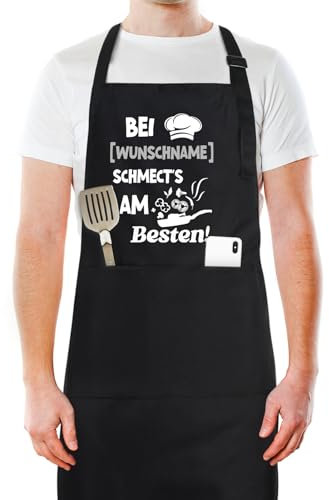 kodinsiivous Kochschürze für Männer, Personalisierte Küchenschürze - Bei [Wunschname] schmect's am Besten! - Grillschürze, Lustig Schürze für Papa Opa Geburtstag Vatertagsgeschenk-Schwarz