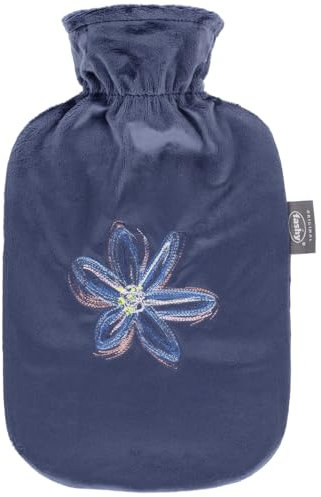 Fashy Wärmflasche, 2,0L mit Flauschbezug und Blumen-Bestickung, marine