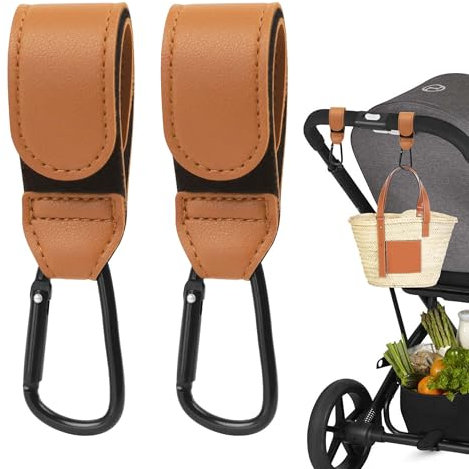 Zssxysm 2 Pezzi Ganci per Passeggino, Moschettoni per Carrozzina Universali in Pelle, Accessori Passeggino per Porta Borse Della Spesa, Cambio Bambino, Zaini, Mamma Pannolino Borsa (Marrone)