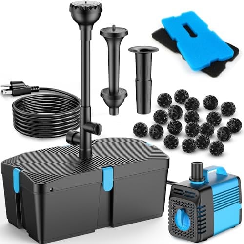 Pompe de bassin avec filtre et kit fontaine, 60W 3100L/H pompe de bassin et kit de filtration, filtre de bassin pour bassins extérieurs, filtre de bassin propre pour koï