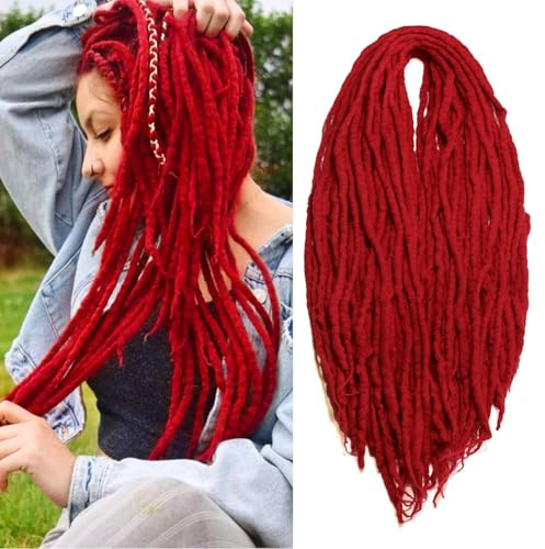 Wool Dreadlock Extensionsv 22 Inches 15 Strands Double Ended Red Handmade Hippie Wool Dreads Extensions DE Ends White Locs Style Crochet Hair for Women