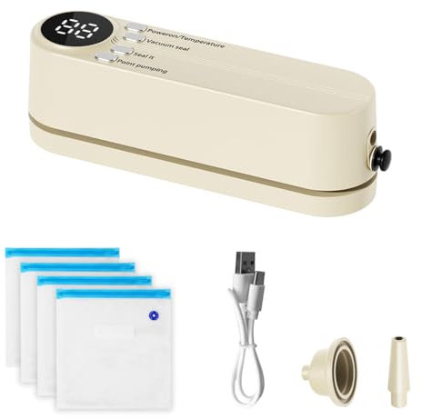 Mini Vakuumierer, Tragbar 60 KPA Folienschweißgerät mit 3 Temperaturstufen, 4 Beutel, 1 Inflator Adapte und 1 Luftabsaugadapter zur Snackkonservierung und Lebensmittelaufbewahrung