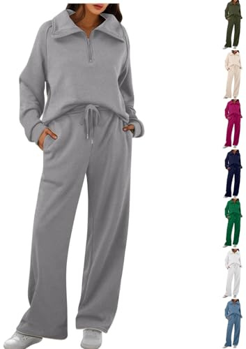 Angxiwan Zweiteiler Damen Elegant Winter Jogginganzug Reverskragen Sweatshirt Elastische Jogginghose Bequem Trainingsanzug Lounge Set Sport Anzug Sweatanzug 2025 Stilvolle Freizeitanzug Hausanzug
