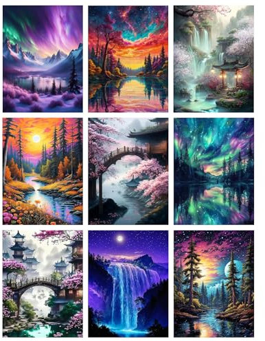 Mupmod 9 Pack Diamond Painting Kits for Adults, 5D Landscape Diamond Art Painting Kits for Adults Beginner, Adult Diamond Art, DIY Aurora Full Drill Diamond Dots for Home Wall Decor 12X16 Inch