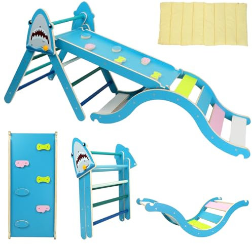 LOVIVO Wooden Climbing Frame for Toddlers, Foldable Pikler Triangle Set with Ramp and Arch, Montessori Indoor Play Jungle Gym for Kids Age 1-3, Solid Wood Baby Climbing Frame,Gift for Boys and Girls