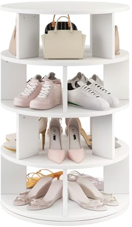 IBUYKE Drehbares Schuhregal mit 4 Etagen, 360° Drehbarer Schuhschrank für 16 Paar Schuhe, Vertikaler Runder Schuh- und Handtaschen-Organizer für Kleiderschrank Flur Wohnzimmer, Weiß WSR004W