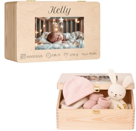 Maverton Erinnerungsbox Baby mit Namen, Aufbewahrungsbox mit Deckel | Personalisierte Geschenke Baby, Geschenk für Mädchen und Jungen zur Geburt zur Taufe, aus Kiefernholz