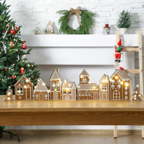 Retisee 1 Set Christmas Gingerbread House Decorations Foldable Christmas Gingerbreads House with LED Light and 2 Pcs Tree Xmas Village Home Decor Gift for Party (Gingerbread, Yellow)