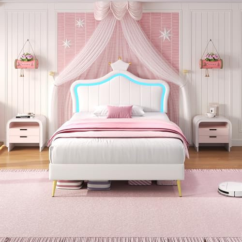 3ft Single Bed Frame with LED Lighting, Upholstered Platform Bed with Adjustable Crown Shape Headboard, Sturdy Wooden Slat Support/No Box Spring Needed, White PU Leather Beds for Adult Kids Teenagers