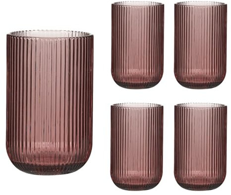 Set of 4 Ribbed Highball Tumbler Glasses 420ml Retro Mid-Century Modern Style Rippled Finish Dishwasher Safe Drinking Glasses Alfresco Dining Cocktail Tumbler Glass Glassware Set (Pink)