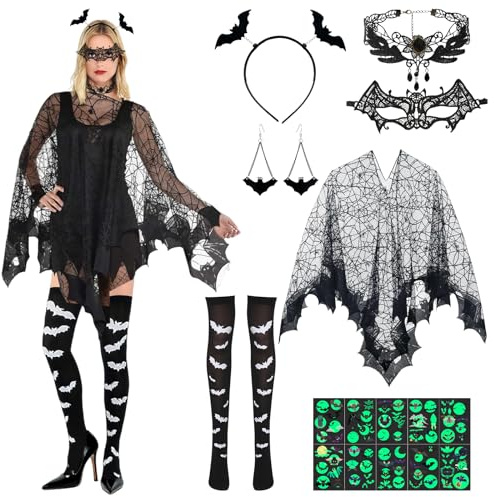 7tlg Fledermaus Kostüm Damen, Halloween Kostüm Damen, Fledermaus Umhang Faschingskostüme mit Halsketten Ohrringe Haarreif Strümpfe Maske, Spinnenkostüm für Erwachsene Halloween Karneval Cosplay Party